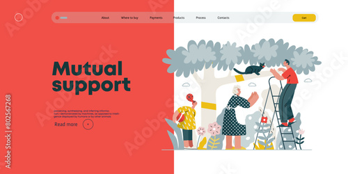 Mutual Support: Rescue cat from tree -modern flat vector concept illustration of elderly woman and man on a ladder under the tree Metaphor of voluntary, collaborative exchanges of resource, services