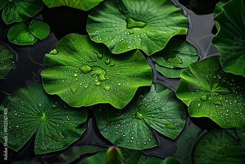 A serene pond with green lotus leaves floating on the surface.