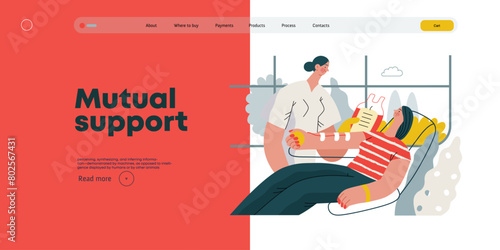 Mutual Support: Blood donation -modern flat vector concept illustration of a nurse and woman donating blood A metaphor of voluntary, collaborative exchanges of resource, services