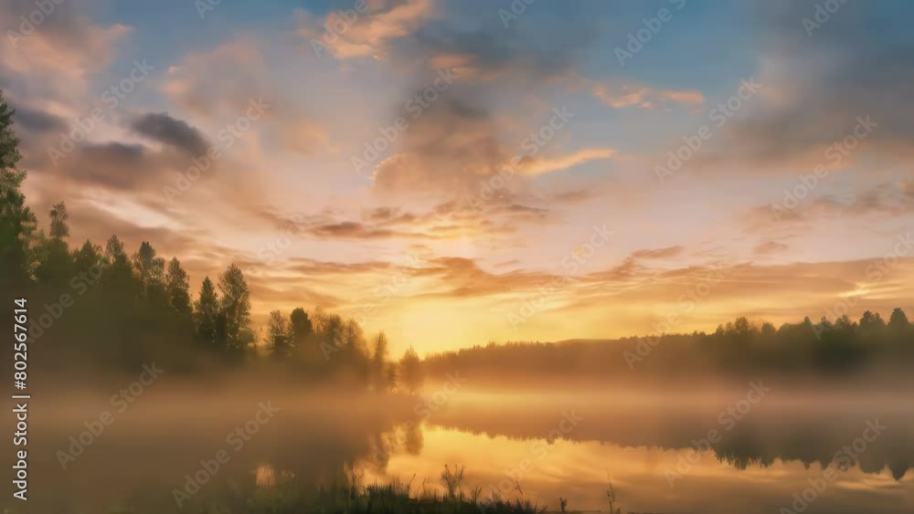 A beautiful sunset over a lake with a foggy mist in the air A beautiful sunset over a lake with a foggy mist in the air