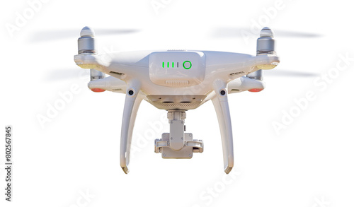 Isolated Rear View Drone Quadcopter UAV In Flight. Transparent PNG.
