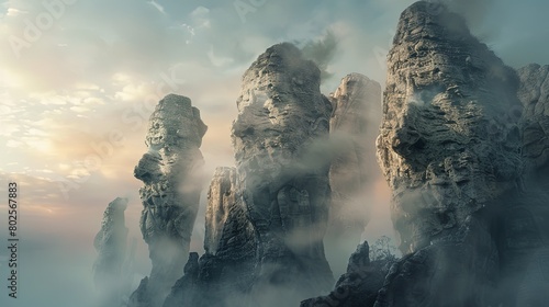 Surreal illustration of a landscape with towering rock formations resembling humanoid figures, their weathered faces reflecting ancient wisdom, set against a backdrop of swirling mist.