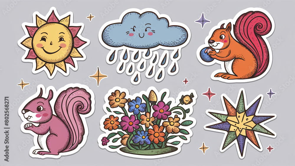 Set of themed stickers variety of characters and objects, unique color palette and design Set of themed stickers variety of characters and objects, unique color palette and design