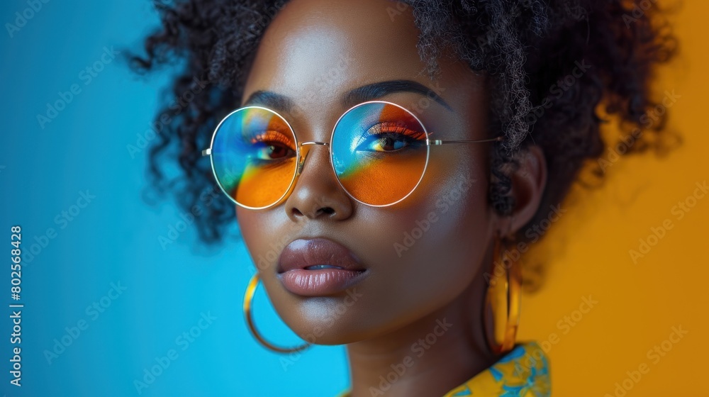 Stylish African American Woman with Rainbow Glasses against Blue Background