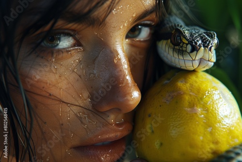 woman holds a lemon in one hand, while a snake rests on her shoulder. The scene evokes the Biblical tale of temptation, with a modern twist. photo