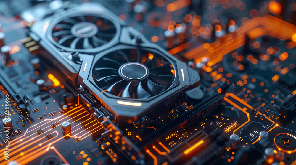 a close up of a computer motherboard with a fan on top of it and a yellow and black background a close up of a computer motherboard with a fan on top of it and a yellow and black background