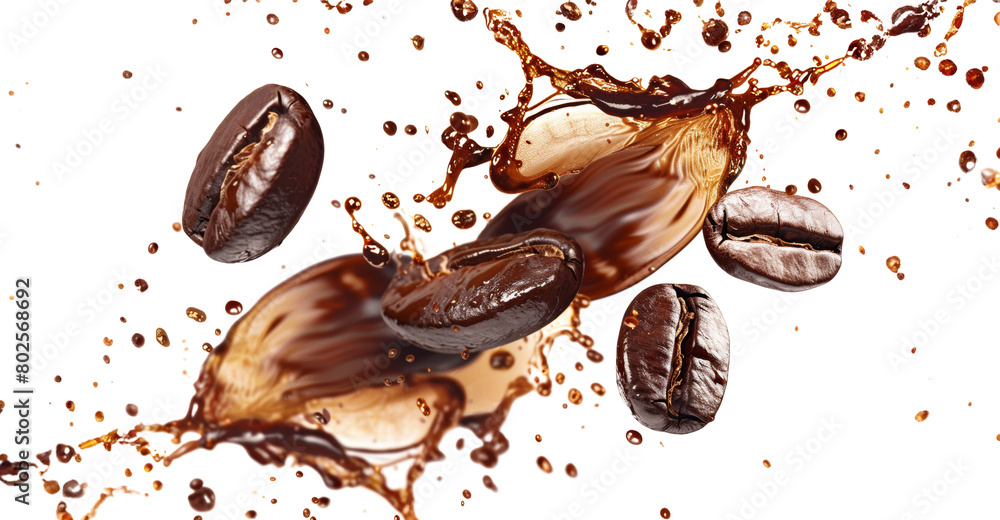 Coffee beans with a chocolate splash in dramatic motion isolated on transparent background Coffee beans with a chocolate splash in dramatic motion isolated on transparent background