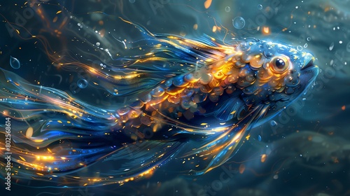a painting of a goldfish with blue and yellow colors