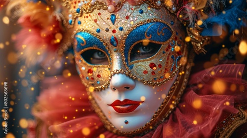 Detailed Portrait of a Colorful Venetian Mask at a Festive Carnival Celebration