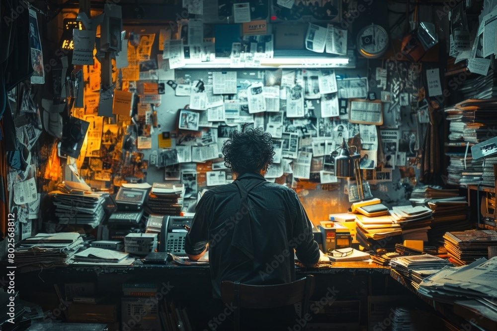 Man in dimly lit room surrounded by books at a desk