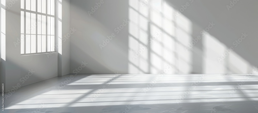 Obraz premium White studio background for displaying products, featuring a gray room with window shadows and a blurred backdrop for showcasing items.