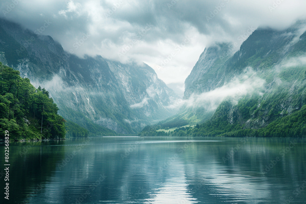Fototapeta premium A serene lake surrounded by towering mountains