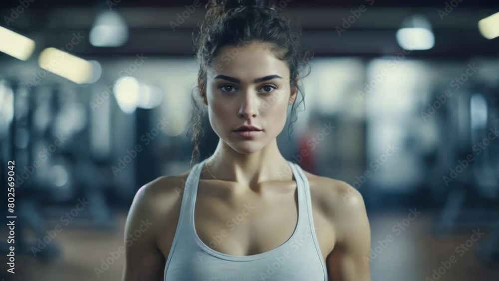 A woman is standing in a gym with her arms crossed A woman is standing in a gym with her arms crossed