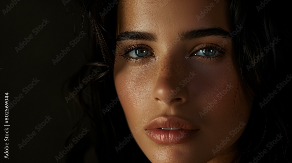 a woman with blue eyes and a black background a woman with blue eyes and a black background
