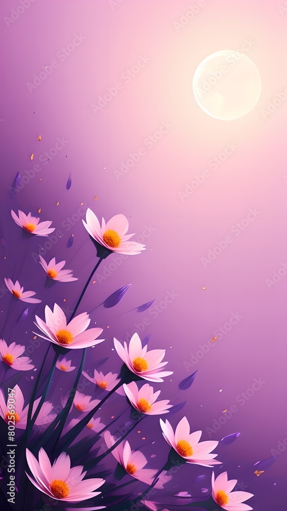 a painting of a bunch of flowers in the sun with a purple background and a full moon in the sky..