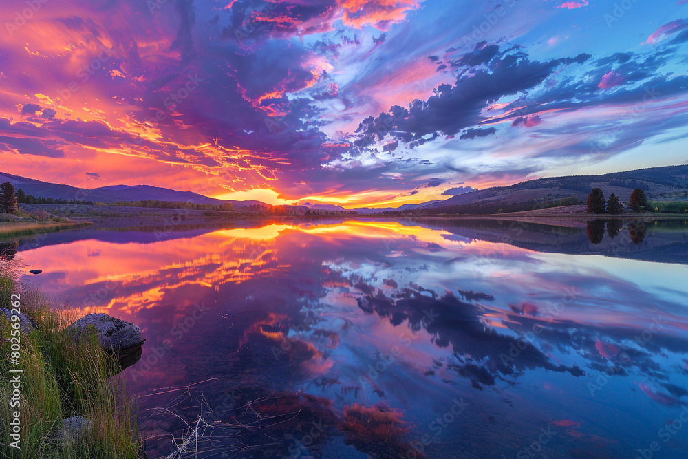 A serene lake reflecting a vibrant sunset sky