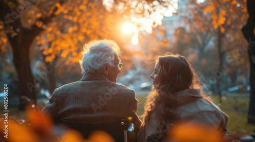 Elderly Man and Young Woman Enjoying Autumn Sunset in Park