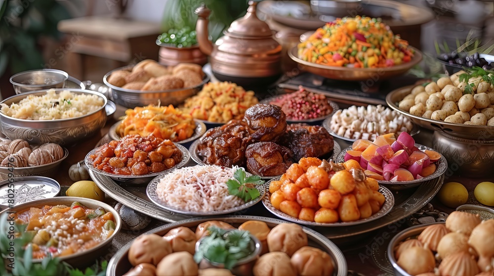 Lavish Ramadan Kareem Iftar Feast on a Decorated Table with Various Traditional Dishes