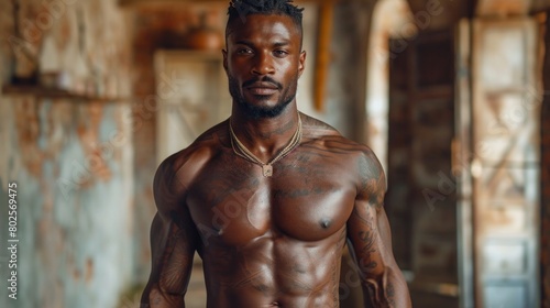 Muscular African Man Showcasing Physical Fitness and Confidence in a Rustic Setting