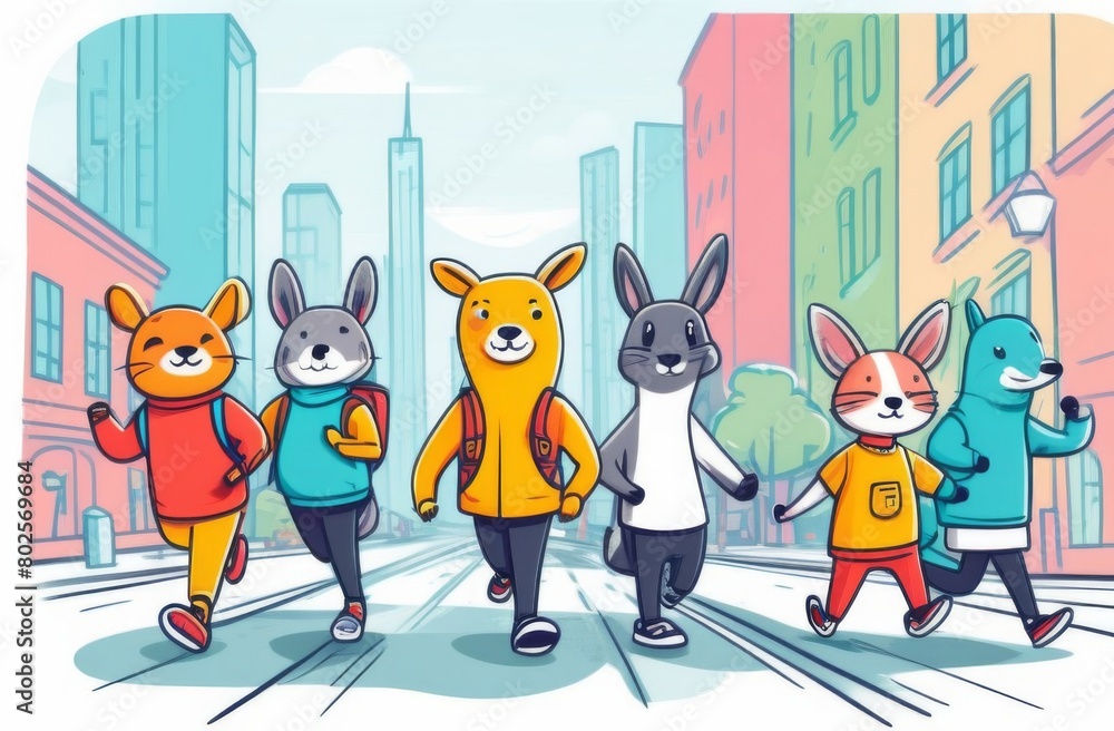Fototapeta premium Funny animal characters leading an active lifestyle in the city