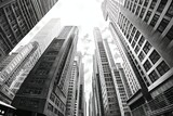 Low angle view of skyscrapers. Looking up perspective. Bottom view of modern skyscrapers in business district. Business concept of success industry