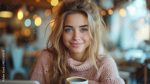 Young  Happy Woman Enjoying Coffee in a Cozy Cafe Setting  Soft Focus Background