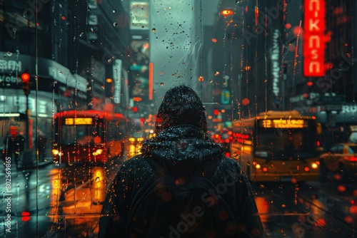 A man with a backpack walks down a city street in the rain at midnight