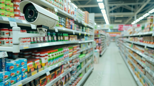 a security camera monitoring the aisles of a supermarket. Here are the details: The central focus is on a white security camera that is mounted and pointed towards the aisle