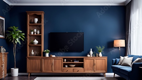  Living room with cabinet for tv on dark blue color wall background  © Land Stock