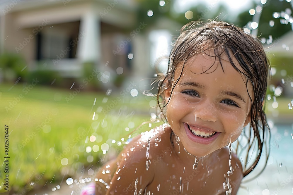 A young girl is playing in a fountain on a hot summer day and is smiling. A young girl is playing in a fountain on a hot summer day and is smiling.