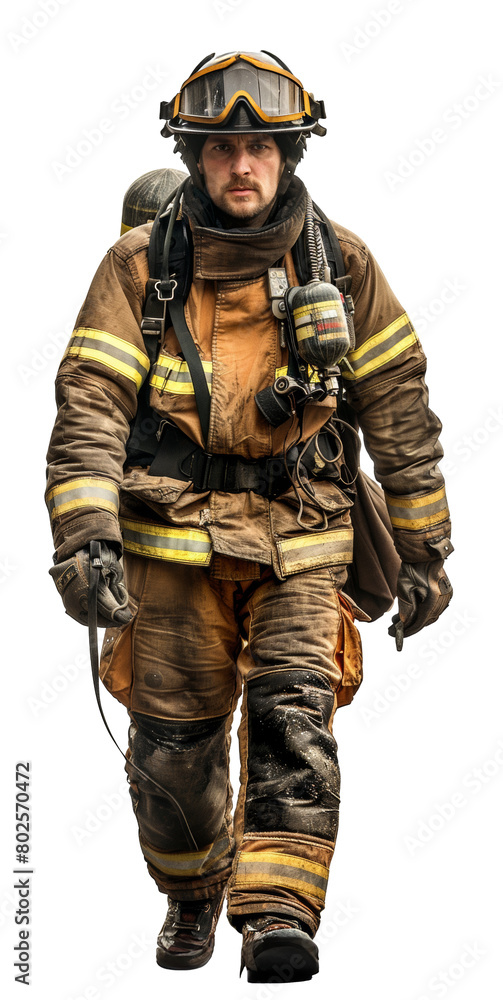 Brave firefighter in full gear standing isolated on transparent background Brave firefighter in full gear standing isolated on transparent background