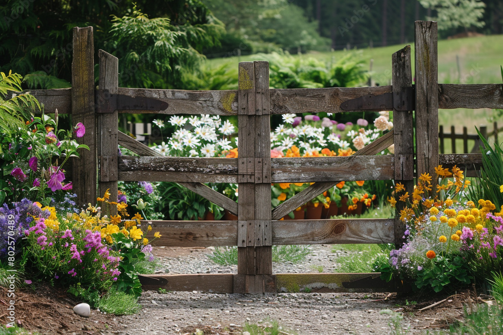 A rustic wooden gate adorned with blooming Easter flowers, inviting guests to a joyous celebration. A rustic wooden gate adorned with blooming Easter flowers, inviting guests to a joyous celebration.