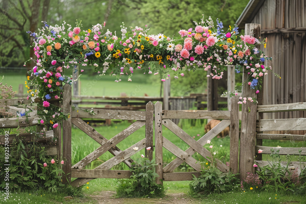 Fototapeta premium A rustic wooden gate adorned with blooming Easter flowers, inviting guests to a joyous celebration.
