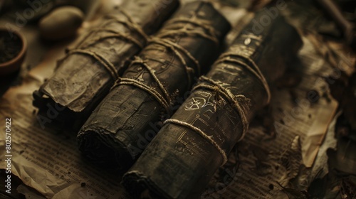 The ancient scrolls are bound with velvet ribbons and adorned with intricate symbols said to hold the secrets to casting spells and . .
