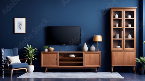  Living room with cabinet for tv on dark blue color wall background 