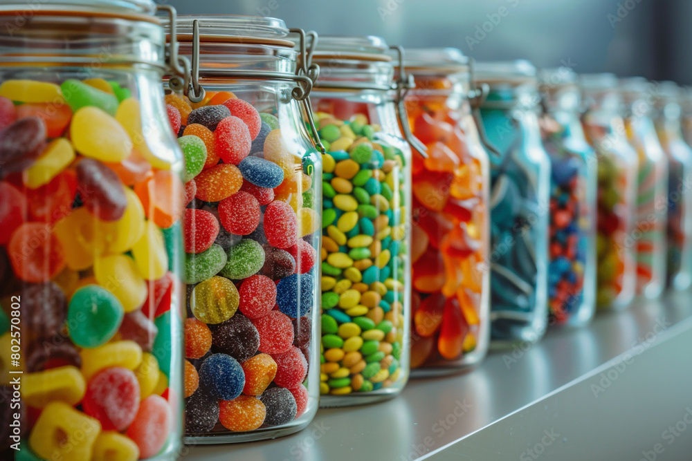 A row of transparent glass jars filled with different types of candies. A row of transparent glass jars filled with different types of candies.