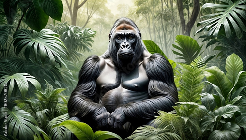 Gorilla in luxury lush coat outfits isolated on natural floral wildlife foliage leafy green forest nature habitat background. advertisement, copy text space generative ai 