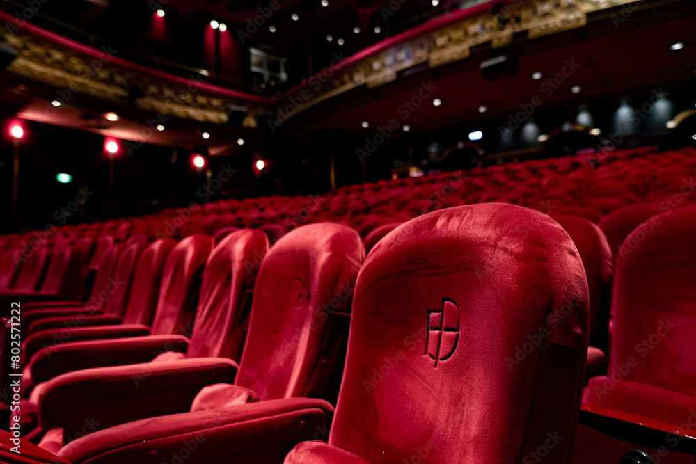 Fototapeta premium A row of red theater seats in a dimly lit auditorium.
