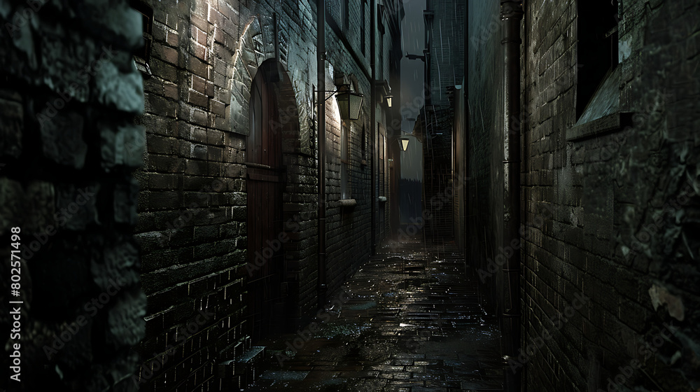 a narrow, dimly lit alleyway between two old brick buildings at night. Let me provide more details: The setting is an eerie, dark alleyway that appears to be deserted