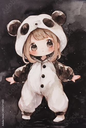 Illustration of a Cute Chibi Girl in Panda Style Onesie Pajamas, Dark Background