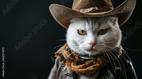 Cool looking white cat wearing cowboy costume isolated on dark background. Copy space for text on the side. © Tepsarit
