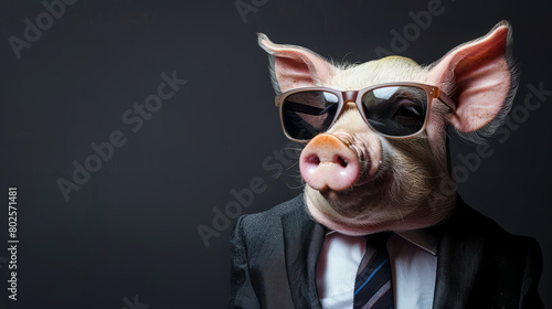 Cool looking greedy pig wearing sunglasses, suit and tie isolated on dark background. Copy space for text on the side.