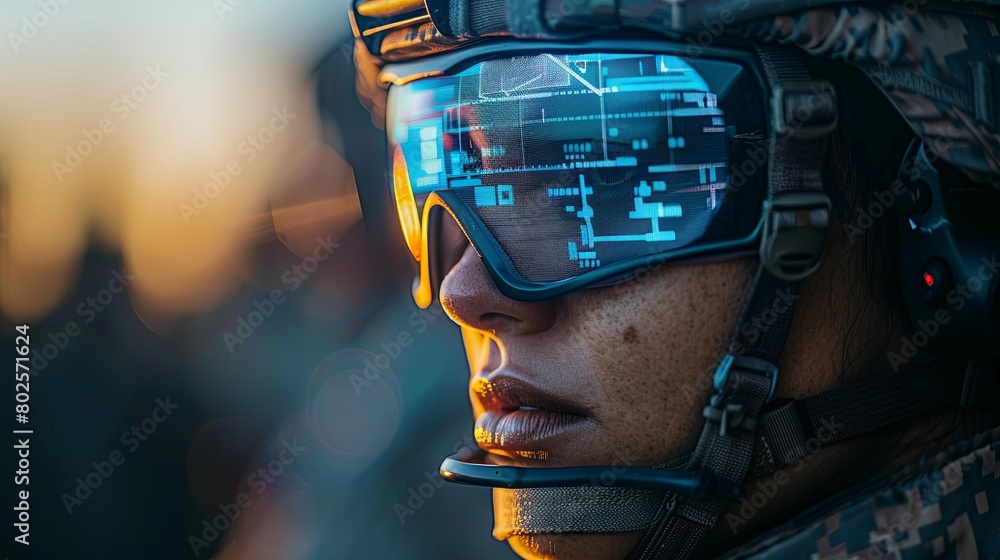 Close-Up of a Female Soldier Wearing Advanced Technological Sunglasses at Dusk Close-Up of a Female Soldier Wearing Advanced Technological Sunglasses at Dusk