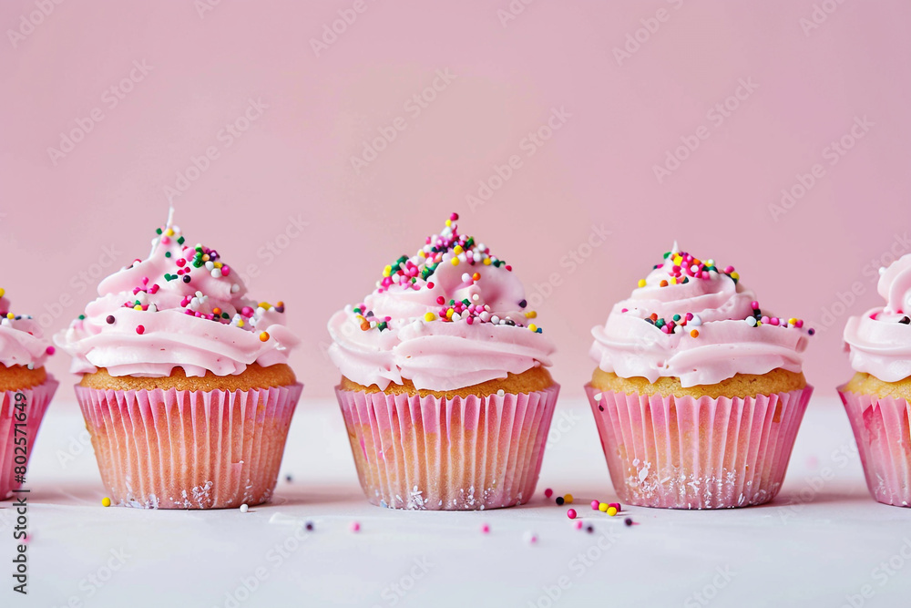 A row of pink cupcakes with pink frosting and sprinkles.