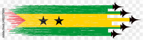 Sao Tome and Principe flag with military fighter jets isolated background. vector illustration 