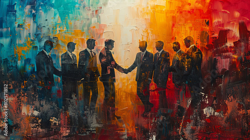 Abstract Business Concept  Group of Businessmen Shaking Hands in a Vibrant  Artistic Setting