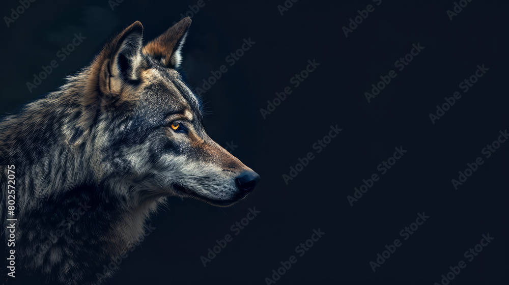 Fototapeta premium Cool looking wolf isolated on dark background. Copy space for text on the side.