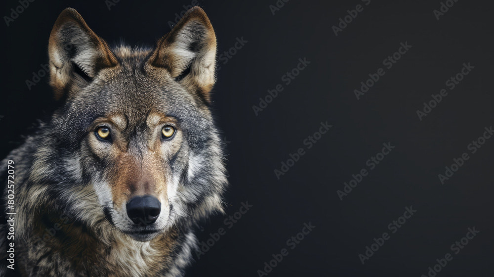 Cool looking wolf looking at camera isolated on dark background. Copy space for text on the side.