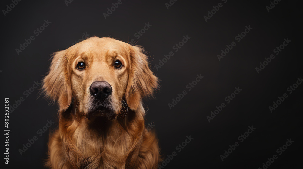 Sad golden retriever dog looking at camera isolated on dark background. Copy space for text on the side.