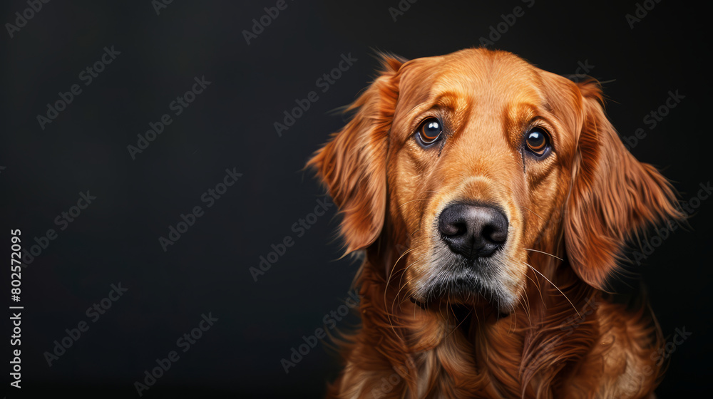 Sad golden retriever dog looking at camera isolated on dark background. Copy space for text on the side.